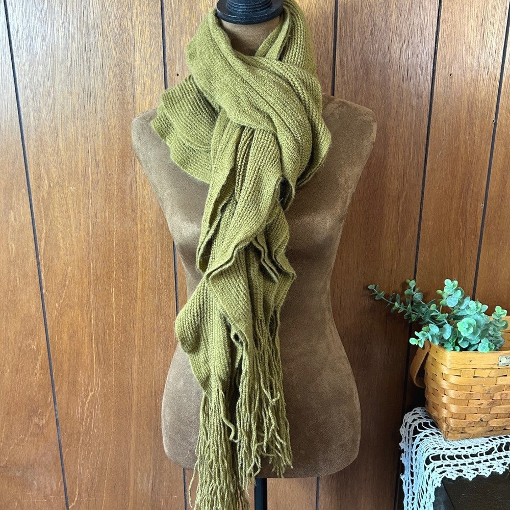 Renees NYC Accessories Long Knit Scarf Fringe Olive Green Acrylic